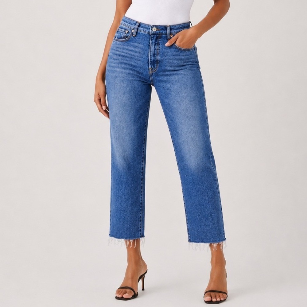 Good American Good Curve Straight Leg Jeans Indigo 1264 Raw Hem GSTDBPL67T 12/31